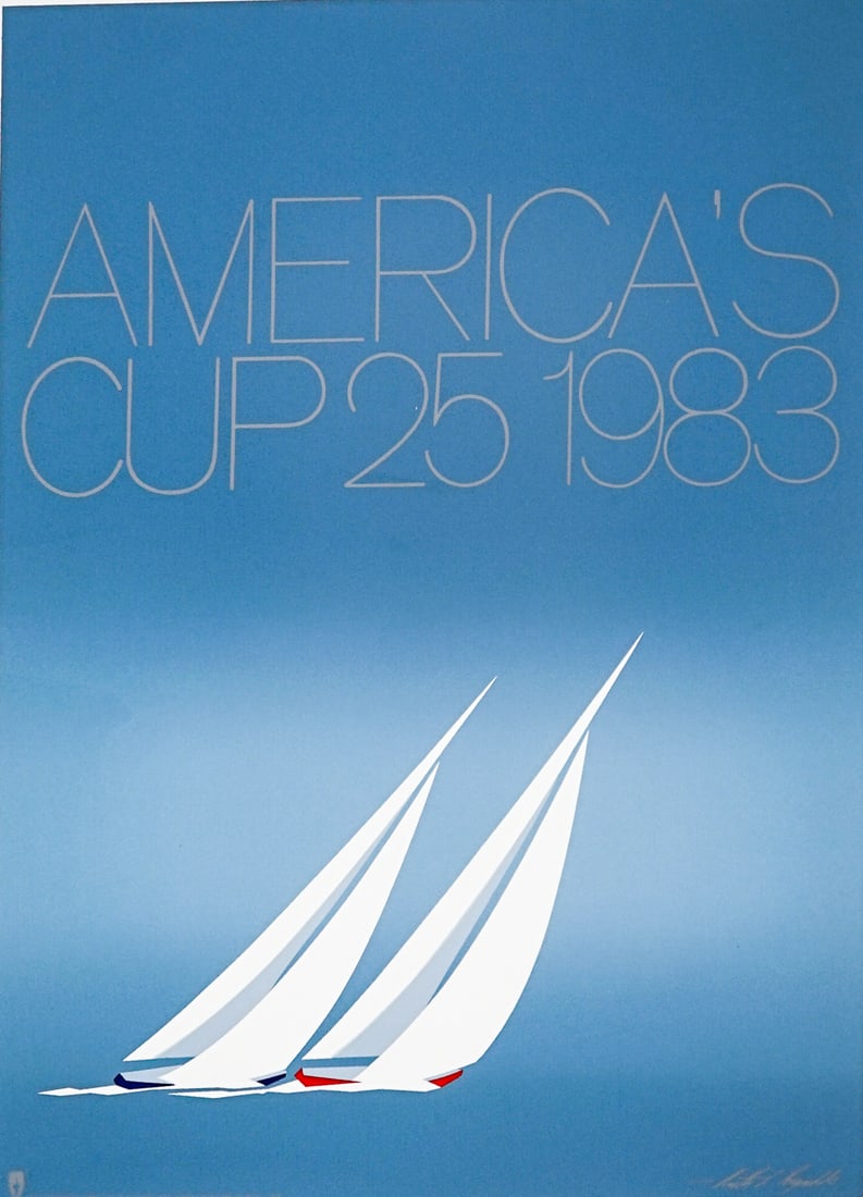 1983 America's Cup 25 Serigraph Poster: 1983 America's Cup 25 Serigraph Poster. Sheet measures 29 x 23 in. Unframed, loose, not glued down or mounted. Print lot measures 30 in. H x 24 in. W x .125 in. D for shipping purposes only. The absen