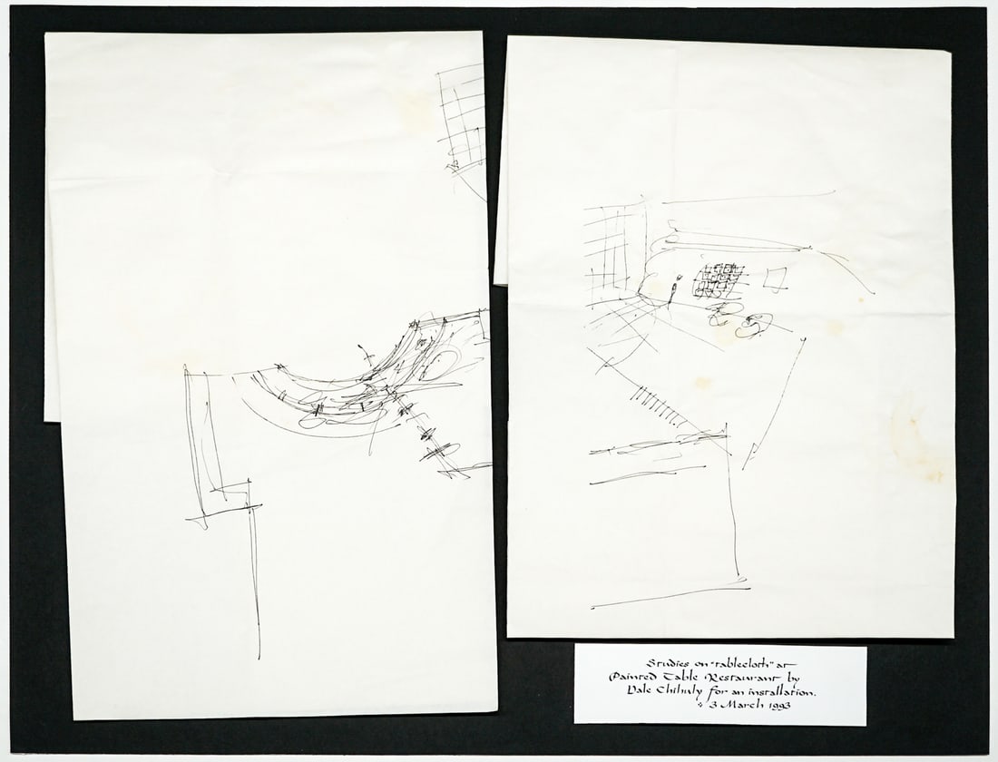 Dale Chihuly Studies [Painted Table Restaurant]: Dale Chihuly (American, b.1941) studies on 'tablecloth' at 'Painted Table Restaurant' for an installation - 3 March, 1993. Attached with double sided tape to foam board that measures 21.25 x 26.625 in