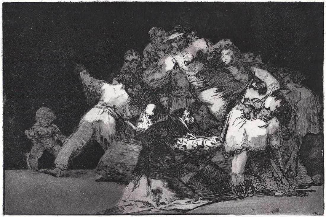 Francisco Goya 1904 Aquatint [Los Proverbios]: Francisco Goya (Spanish, 1746-1828) burnished aquatint etching titled Plate 'Unas De Gato Y Habiro De Beato' from Los Proverbios, 5th edition. Date of plate 1815-1823. Impression 1904. Published by Re