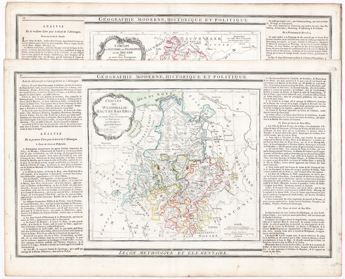 Antique (2) Copper Engraved Maps [Desnos]: Two (2) French antique 18th century color maps. CERCLES DE BAVIERE, DE FRANCONIE ET DE SOUABE and Westphalia Upper & Lower Rhine. Each measures 13 x 20 in. Unframed, loose, not glued down or mounted. 