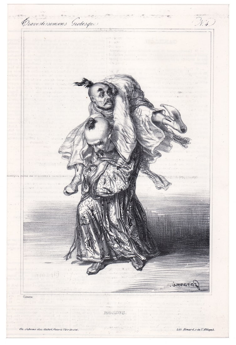 Paul Gavarni Lithograph [Le Charivari Magazine]: Guillaume S. C. Gavarni (French, 1804-1866) lithograph signed in stone lower right. Bossus, Gravestissemens Grotesque No. 4 from Le Charivari Illustrated Magazine published in Paris, France, from 1832