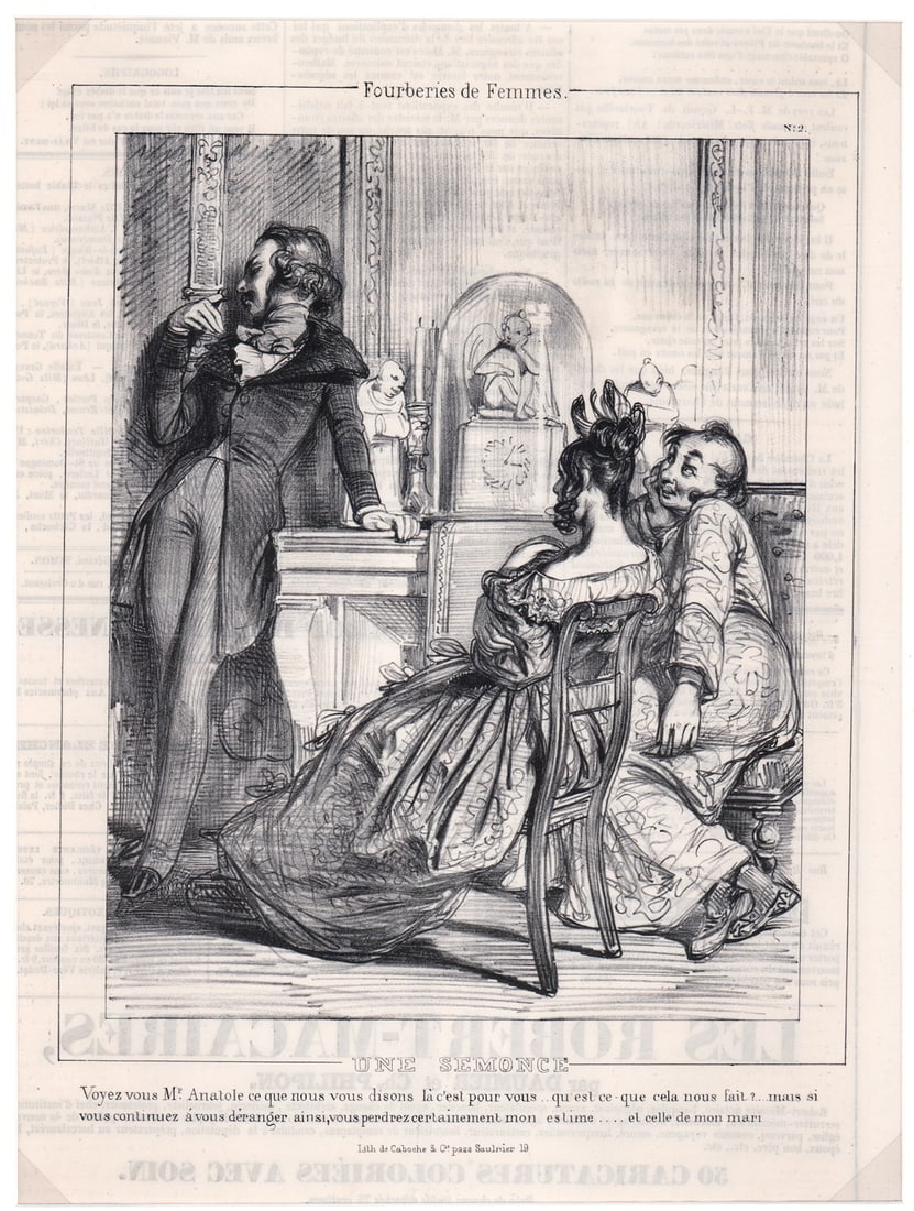 Paul Gavarni Lithograph [Le Charivari Magazine]: Guillaume S. C. Gavarni (French, 1804-1866) lithograph. Une Semonce, Fourberries de Femmes Series No. 2 from Le Charivari Illustrated Magazine published in Paris, France, from 1832 -1937. Image measur