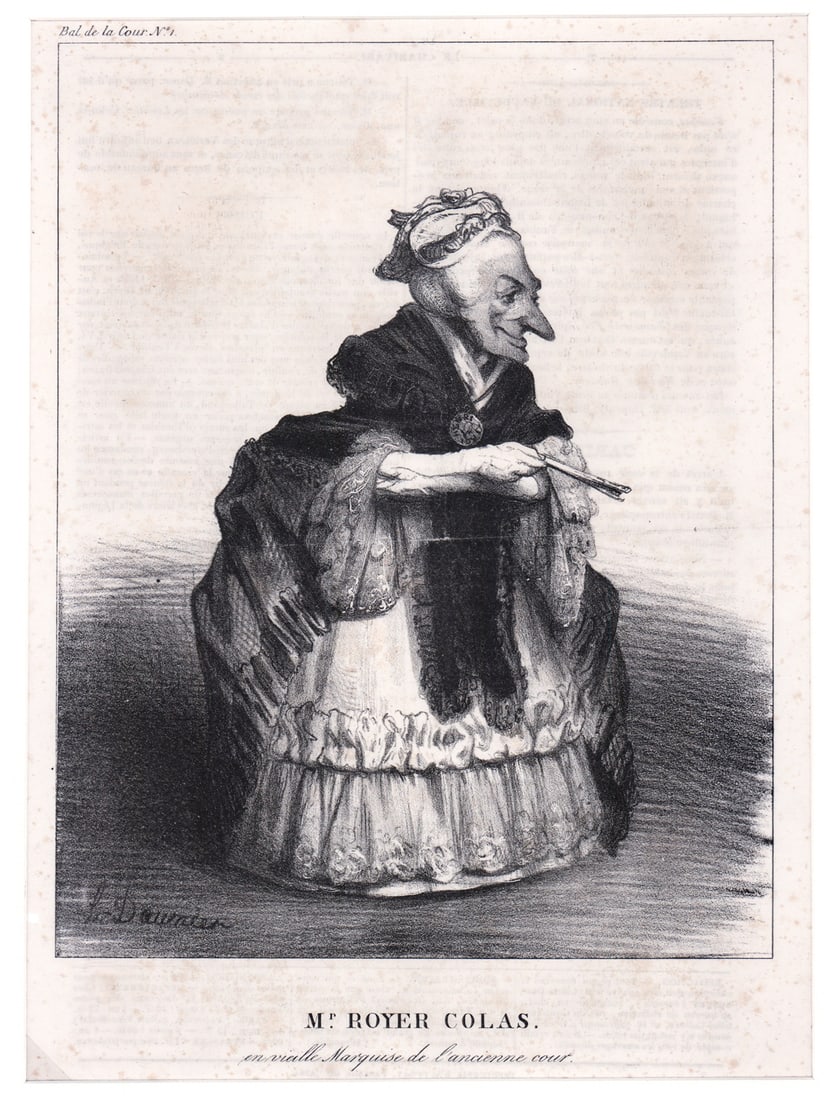 Honore Daumier 'Mr. Royer Colas' Lithograph: Honore Daumier (French, 1808-1879) lithograph from Le Charivari Illustrated Magazine published in Paris, France, from 1832 -1937. Titled 'Royer Colas' en Vieille Marquisse de l'Ancienne Cour. Sheet me