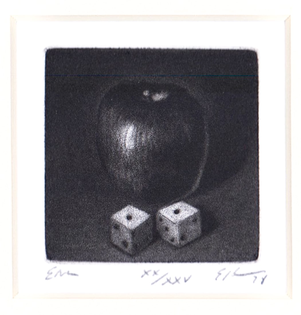 Robert Ecker SIGNED Mezzotint [Dice]: Robert Ecker mezzotint pencil signed and numbered xx/xxv. Measures 2.5 x 2.25 in. and mat frame measures 14 x 11 in. Lot measures 20.125 x 16.25 x .25 inches for shipping purposes. The absence of a co