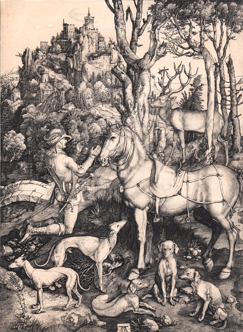 After Albrecht Durer Print [Saint Eustace]: Albrecht Durer (German, 1471-1528). Image measures 13.75 x 10.25 in. Sheet measures 16.5 x 13 in. Unframed, loose and not mounted or glued down. Lot measures 17.25 x 13.5 x .5 inches for shipping purp
