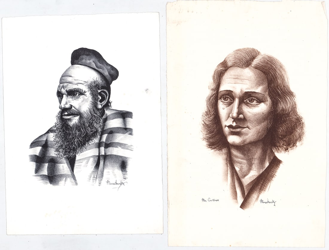 Alex Monastersky (2) Original Art SIGNED: Two (2) Alex Monastersky (American 1895-1964) signed original art [WPA, Portrait]. Sheets measure 16 to 17.5 in. x 11.5 in. Unframed, loose and not mounted or glued down. Lot measures 20 x 12.5 x .5