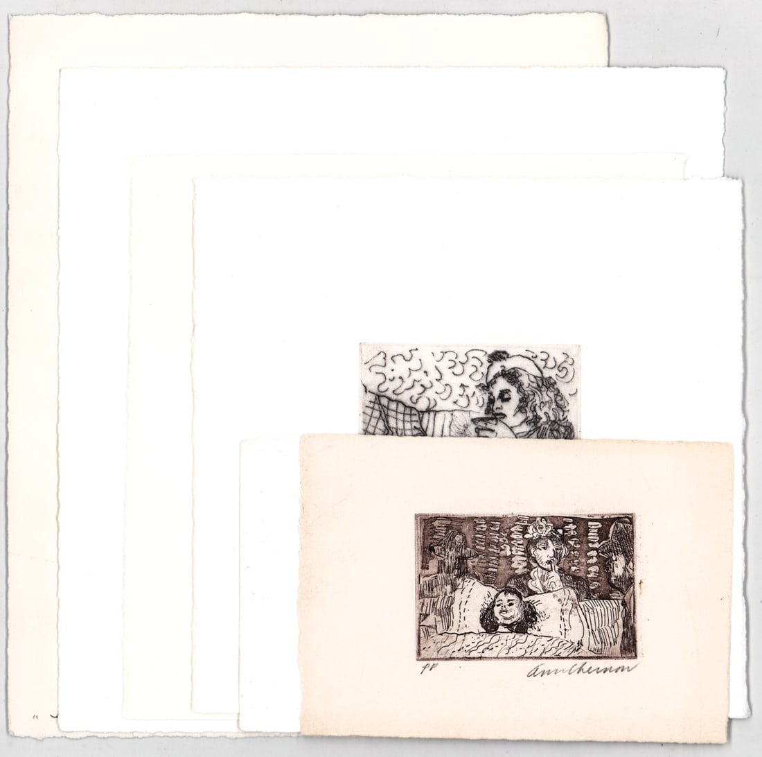 Ann Chernow (6) Small Etchings SIGNED [Women]: Six (6) Ann Chernow (Connecticut b. 1936) pencil signed etchings. Sheets measure 4 to 9.75 in. x 5 to 9.75 in. Unframed, loose and not mounted or glued down. Lot measures 20 x 16.25 x .25 inches for s
