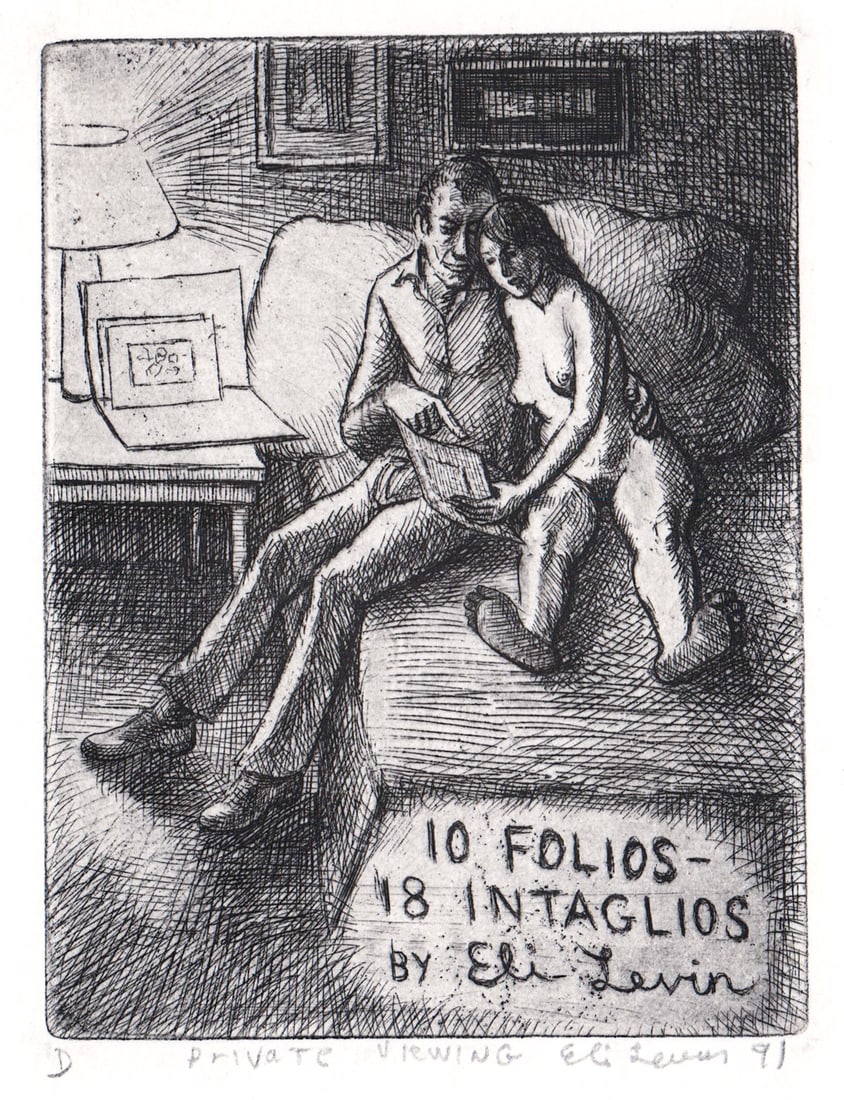 Eli Levin SIGNED Etching: Eli Levin (American, b. 1938) etching pencil signed, dated '91 and titled 'Private Viewing' below image. Image measures 5 x 3.75 in. Sheet measures 15 x 11 in. Unframed, loose and not mounted or glued