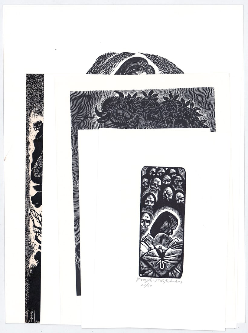 Fritz Eichenberg (6) SIGNED Wood Engravings: Six (6) Fritz Eichenberg (German-American, 1901-1990) pencil signed wood engravings. Sheets measure 8.25 to 13.25 in. x 5.5 to 10 in. Unframed, loose and not mounted or glued down. Lot measures 14 x 1