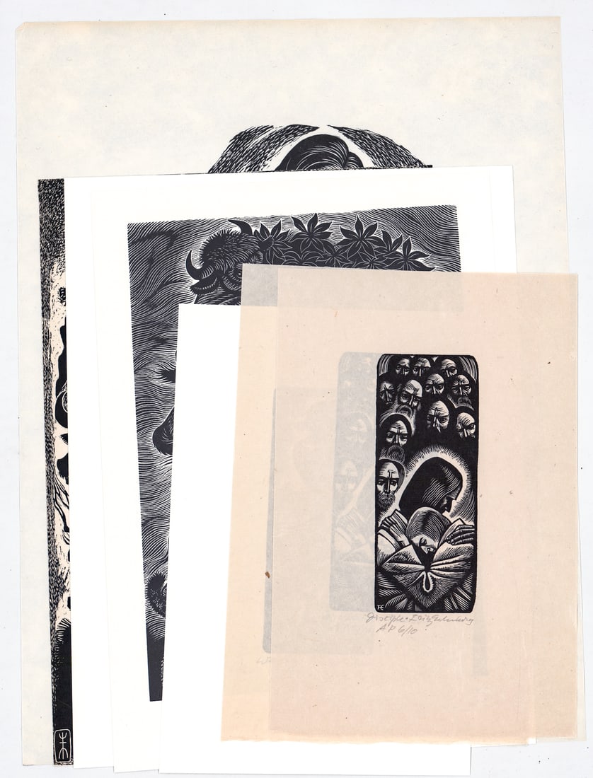 Fritz Eichenberg (6) SIGNED Wood Engravings: Six (6) Fritz Eichenberg (German-American, 1901-1990) pencil signed wood engravings. Sheets measure 8.25 to 13.25 in. x 5.5 to 10 in. Unframed, loose and not mounted or glued down. Lot measures 14 x 1