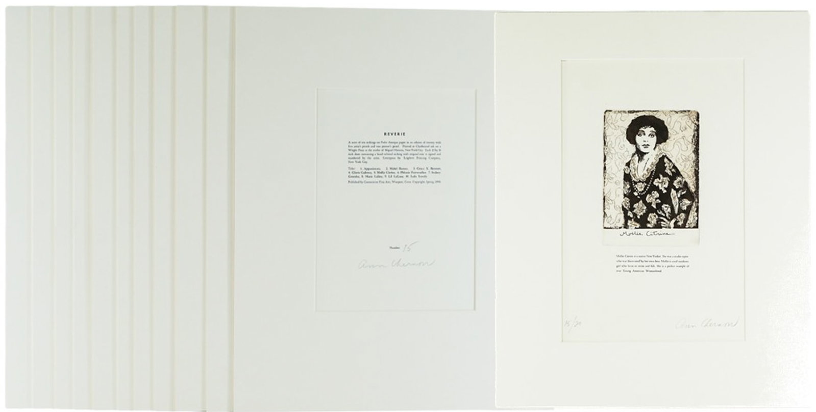 Ann Chernow SIGNED Suite of 10 Etchings [Reverie]: Reverie - A suite of ten etchings plus title page on Folio Antique paper in an edition of twenty. These are all signed and numbered 15/20. Titles include: Appassionata; Mabel Barnes; Grace X. Bennett;