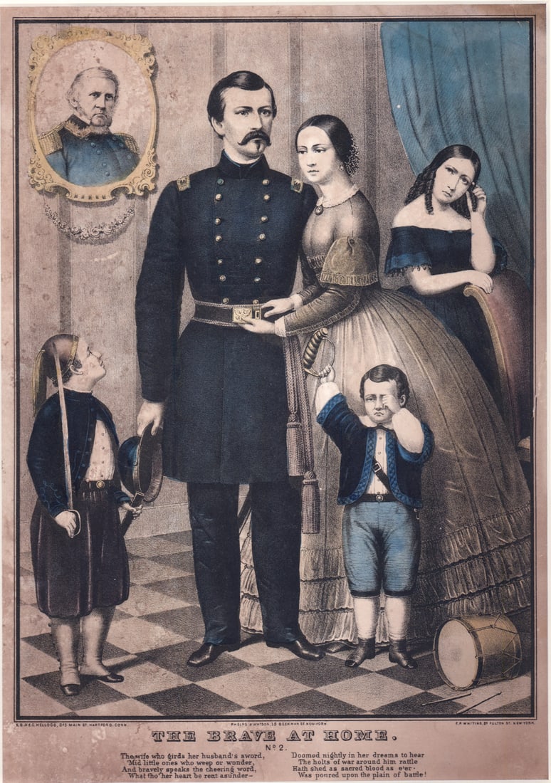 'The Brave at Home' No. 2 - c.1854 Print: Below print reads Kellogg of Hartford with additional smal text for Phelps & Watson and F.P. Whiting, At upper left corner is shown ornately framed portrait of general and 1852 presidential candidate 