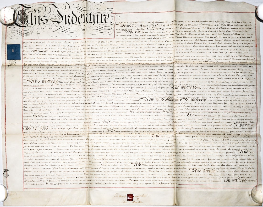September 12,1844 Indenture: Measures approximately 30 x 25 in. Folds to 9 x 10.5 in. Unframed, loose and not mounted or glued down. Lot measures 13.5 x 10 x .125 inches for shipping purposes. The absence of a condition report do