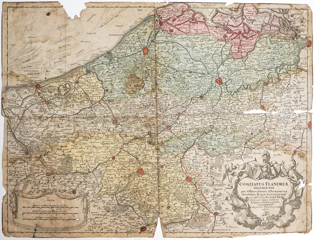 Antique Map - Comitatus Flandria 19x25IN: Antique map measures 19 x 25 in. and folds to 10 x 13 in. Unframed, loose and not mounted or glued down. Lot measures 20.125 x 16.25 x .25 inches for shipping purposes. The absence of a condition repo
