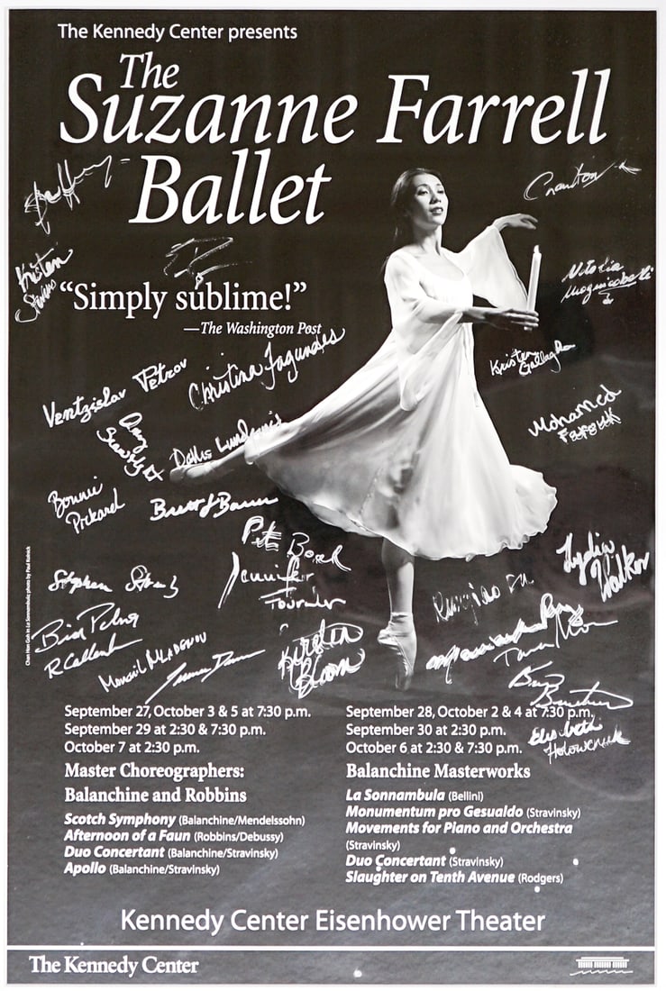 The Suzanne Farell Balet Signed Poster w/28 Sigs: Contains (28) autographs, measures 28 x 21 x 1inches. This lot requires the use of an outside shipper. The absence of a condition report does not imply that the lot is in perfect condition or complete