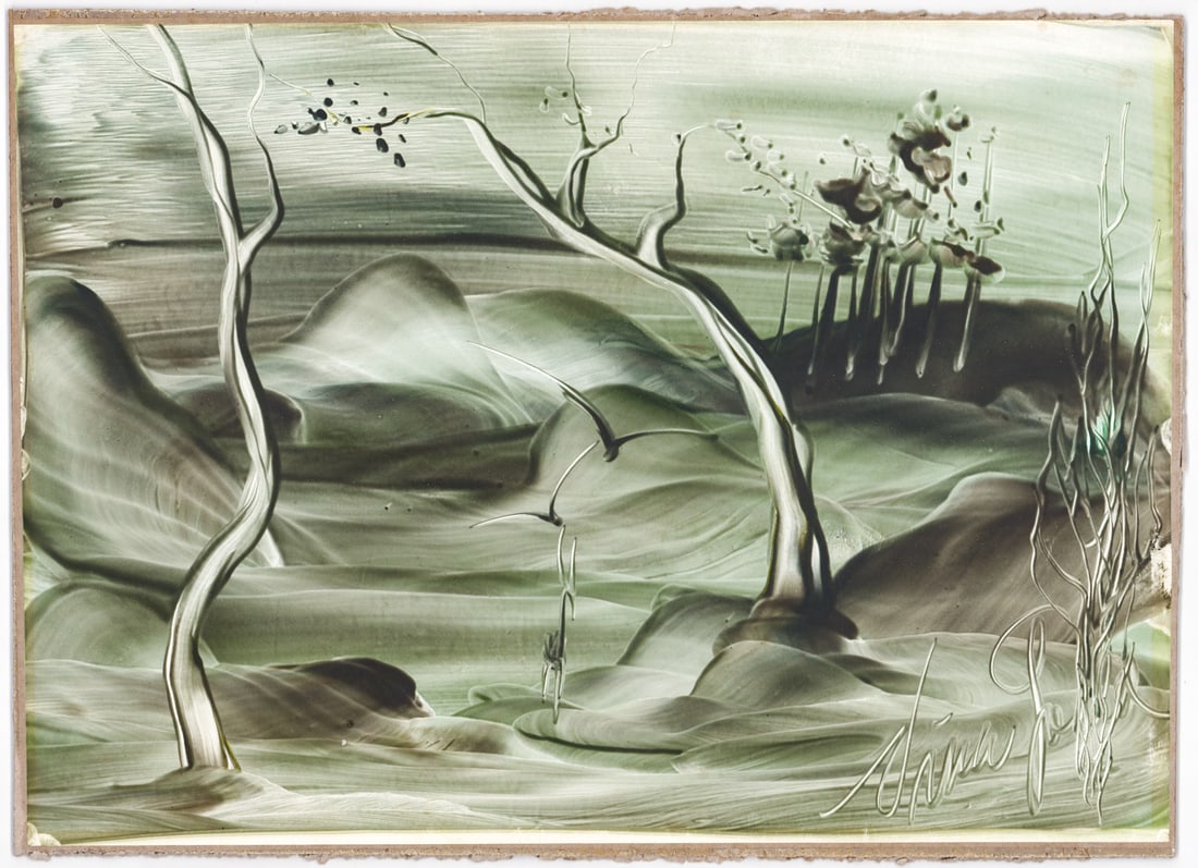 Illegibly Signed Original on Board [Surrealism]: Measures 16.5 x 22.75 in. Unframed, loose and not mounted or glued down. Lot measures 16.5 x 22.75 x .5 inches for shipping purposes. The absence of a condition report does not imply that the lot is i
