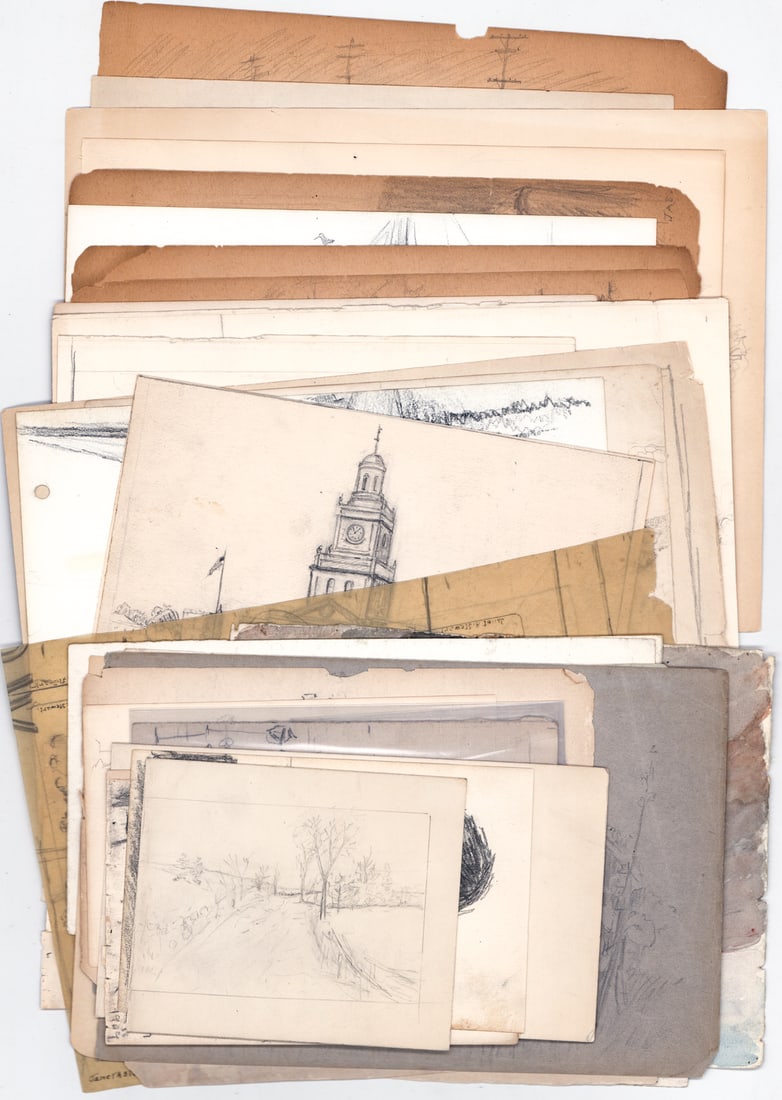 J. A, Stewart Drawings / Studies: Collection of J. A. Stewart (studied with Wm. Merritt Chase and C. H. Woodbury) drawings and studies. Sheets measure up to 12 x 9 in. Unframed, loose and not mounted or glued down. Lot measures 15 x