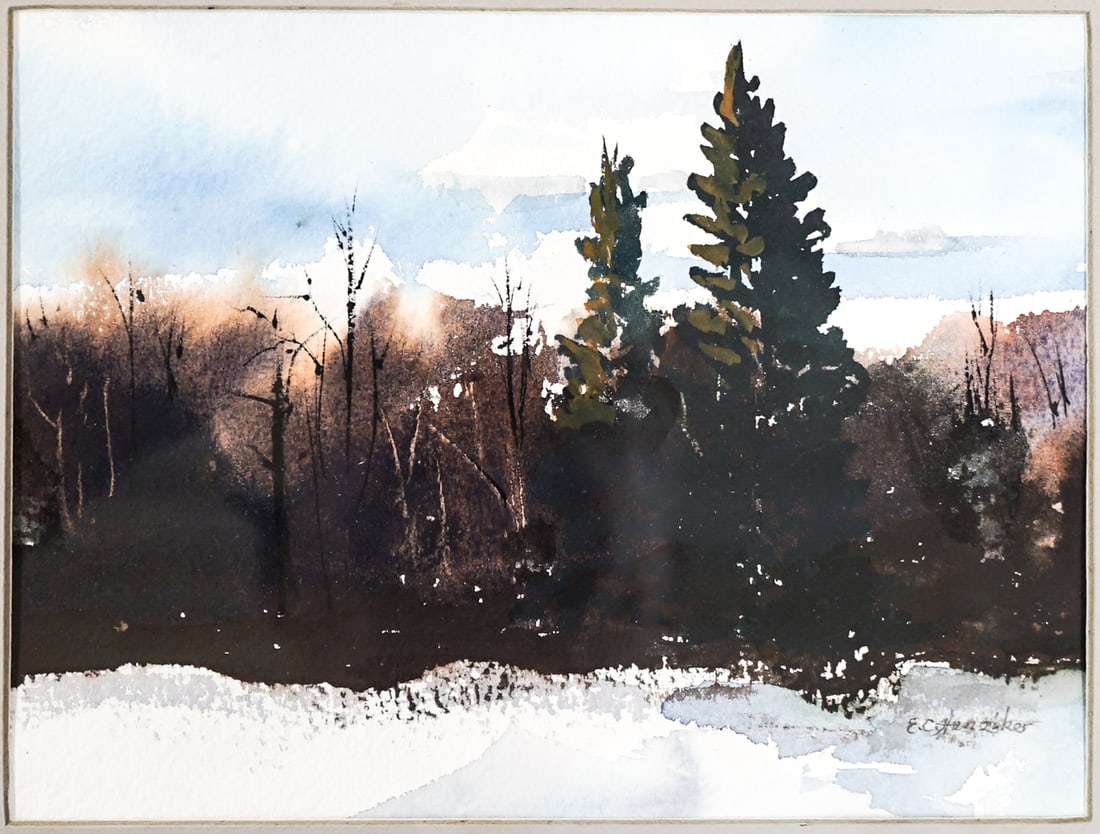 E. Hunsiker Framed Small Original Watercolor: Measures 5.75 x 7.625 inches sight size. Lot measures 9 x 11.5 x .5 inches for shipping purposes. The absence of a condition report does not imply that the lot is in perfect condition or completely