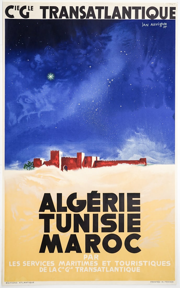 JAN AUVIGNE Algérie-Tunisie-Maroc ORIGINAL: JAN AUVIGNE Algérie-Tunisie-Maroc ORIGINAL 1934 Travel Poster.Editions Atlantique1934. 39.25 x 24.375 inches.There are two horizontal creases.Lot measures 46 x 30 x 4 inches rolled for shipping