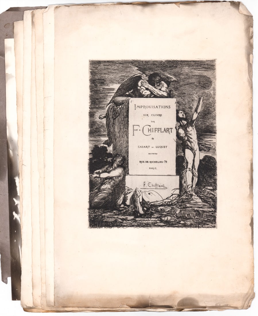Francois Chifflart (6) Antique Prints: Six (6) prints and (2) title pages. Improvisations sur cuivre par Francois Chifflartt (French, 1825-1901). Note fire damage to some edges of margins. Sheets measure up to 22 x 14.375 in. Unframed,