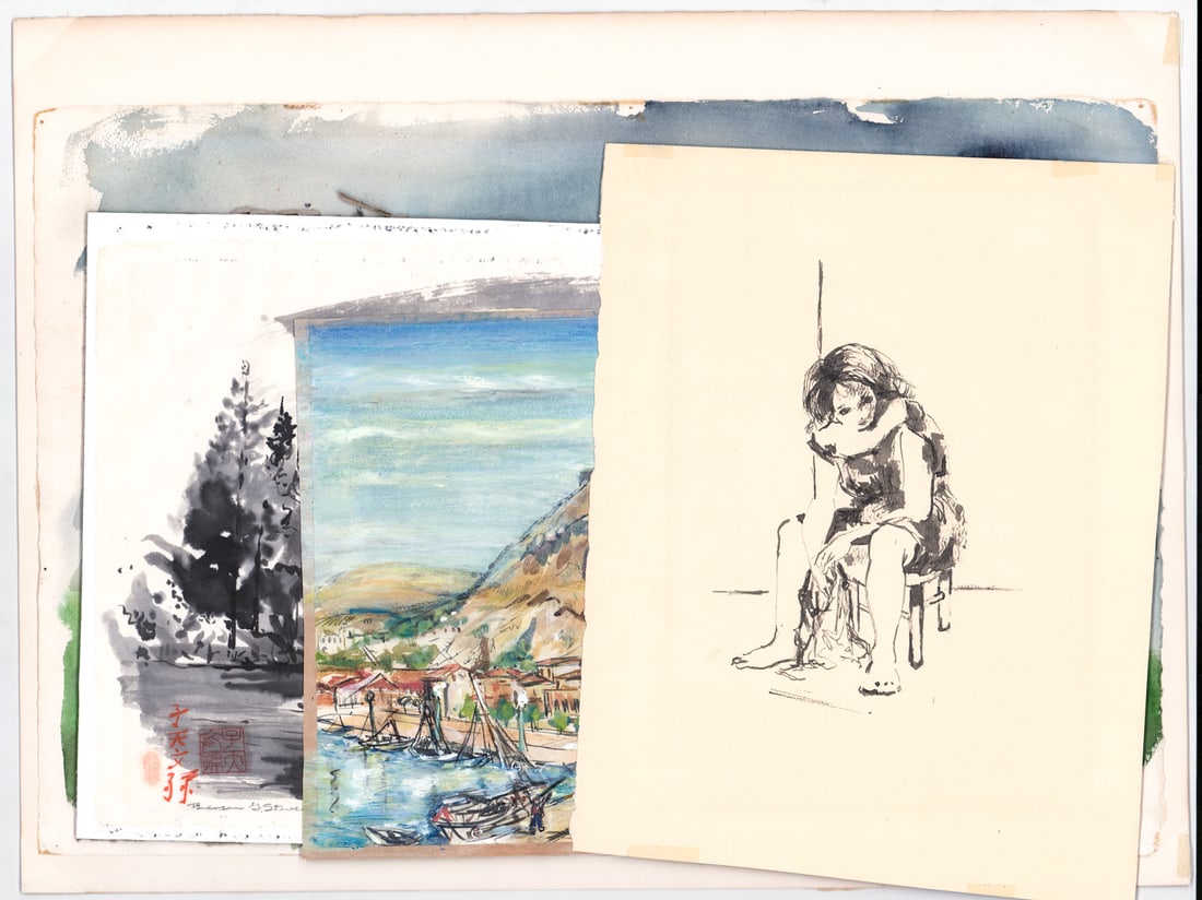 (5) Original Art on Paper [Paintings, Drawings]: Sheets measure 11.25 to 24 in. x 11.75 to 23.25 in. Note the one with the Asian stamp is mounted to a paper board. Unframed. Lot measures 24.25 x 18.25 x .5 inches for shipping purposes. The absence o