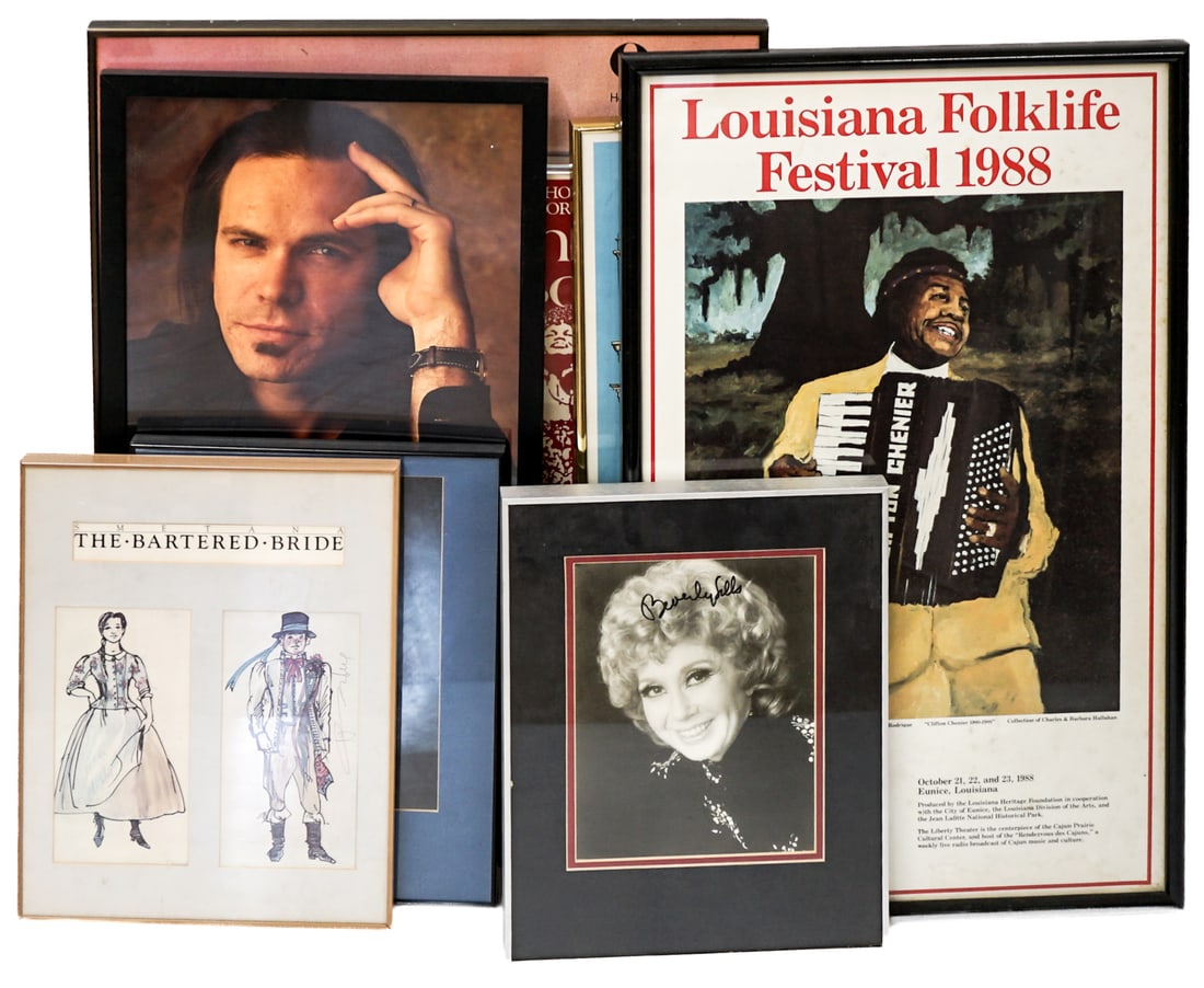 Kennedy Center, Opera, Theater Posters: Mixed condition. Lot measures 27 x 21 x 10 inches framed for shipping purposes. This item requires the use of an outside shipper. The absence of a condition report does not imply that the lot is in