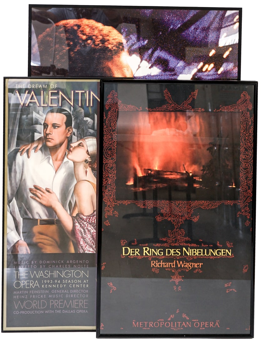 (3) Theatre Posters: They measure 38 x 18 inches to 47 x 30.5 inches framed. They measure 48 x 31 x 6 inches combined for shipping purposes. This lot requires the use of an outside shipper. The absence of a condition