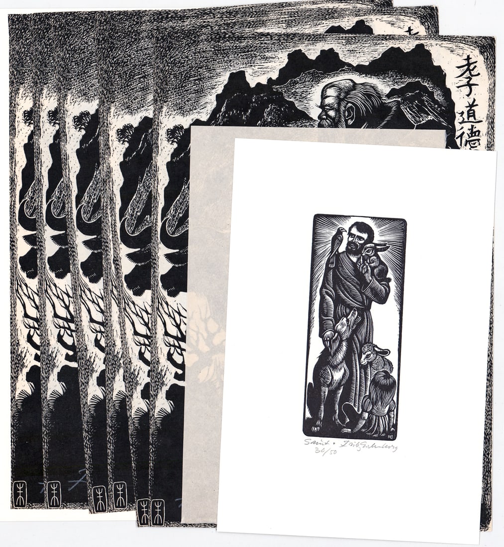 Fritz Eichenberg (9) SIGNED Wood Engravings: Includes (6 of same - Lao Tzu); (1 - Man on Mountain); (1 - Waiting); (1- Saint). Sheets measure 8 to 10.75 in. x 5.5 to 8.25 in. Unframed, loose and not mounted or glued down. Lot measures 14 x 11 x