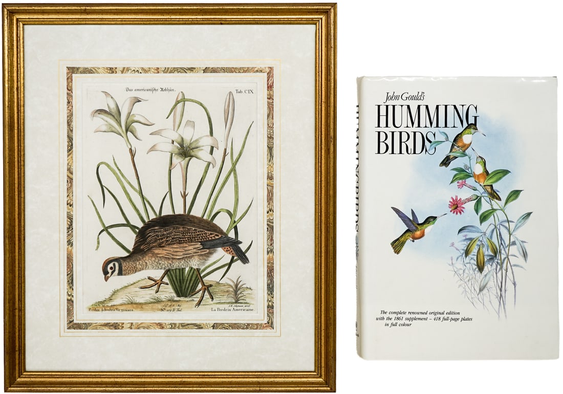 John Gould's Hummingbirds book & print: John Gould's Hummingbirds book (1990 Wordsmith Editions, Ltd) & print. Lot measures 21 x 18 x 3 inches for shipping purposes. The absence of a condition report does not imply that the lot is in
