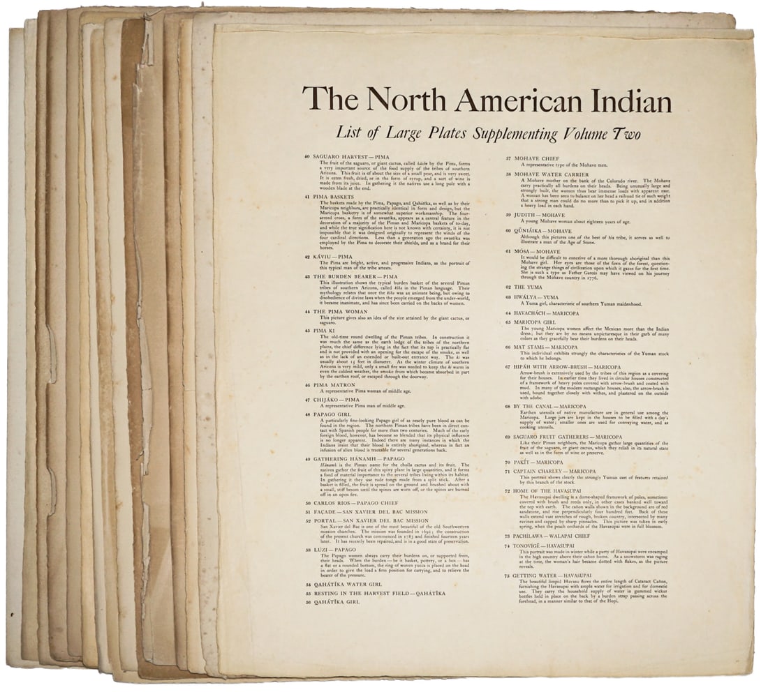 Curtis - List of Large Plates Supplementing Vols.: Edward S. Curtis (1868-1952) - The North American Indian. List of large plates supplementing volumes: 2, 3, 5, 6, 7, 8, 9, 10, 11, 12, 13, 14, 15, 18, 20. Sheets measure 22 x 18 in. Unframed, loose an