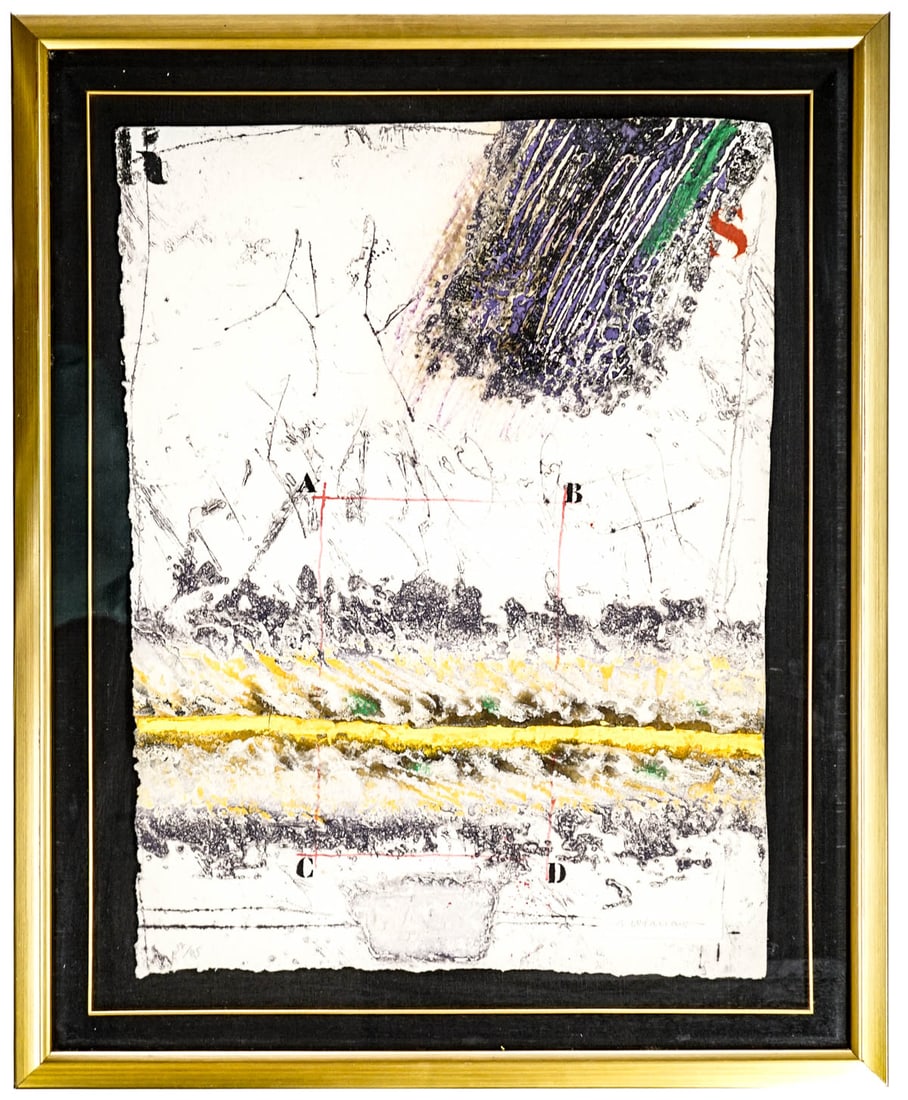 James Coignard S/N Original Carborundum: James Coignard signed and numbered 12/95 Original Carborundum Gravure With Handwork [Tension Jaune, Published 1987]. Measures 26 x 19.5 inches sheet size and 33 x 26.5 x 1.5 inches framed. Appears to 