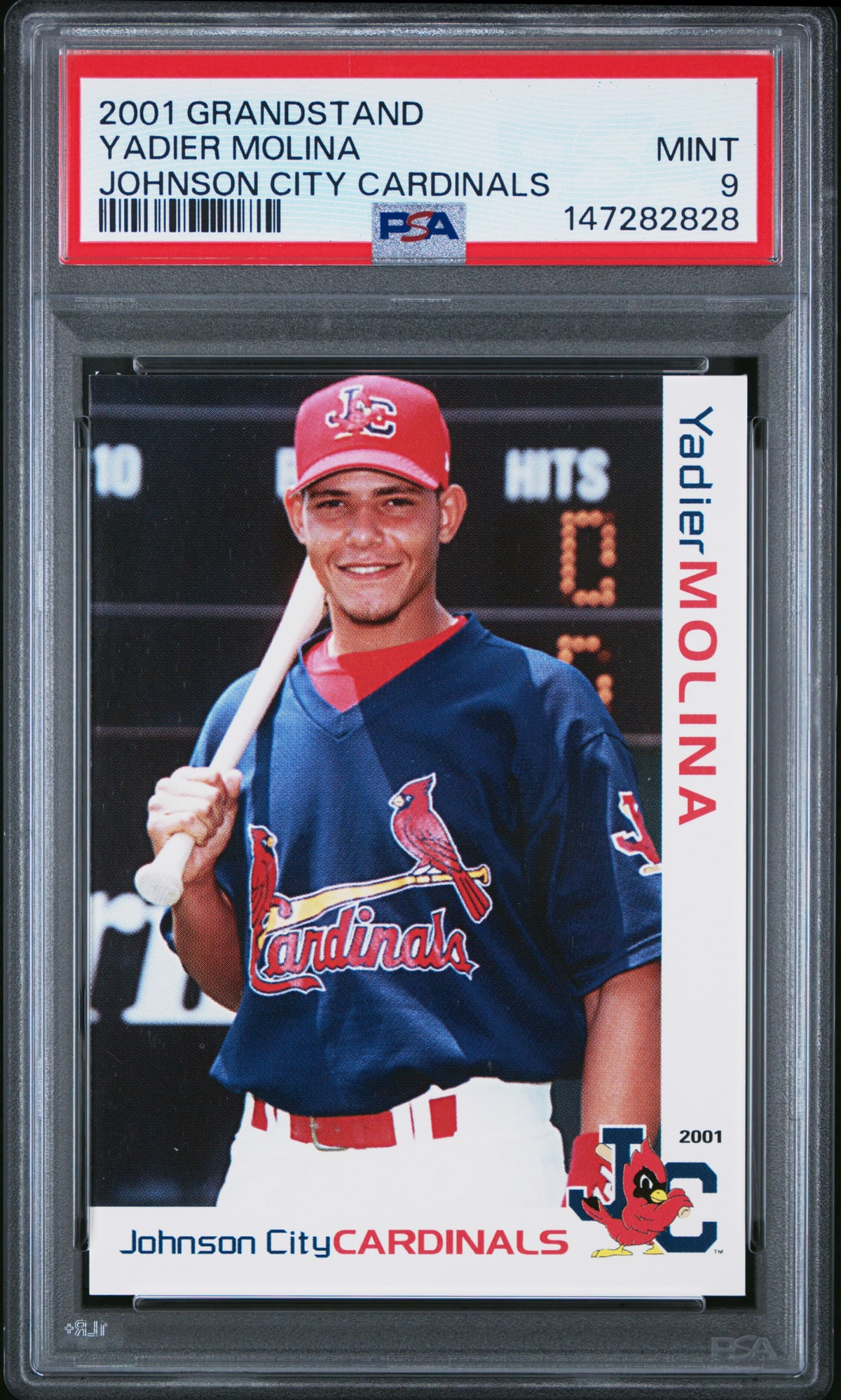 Yadier Molina 2001 Grandstand PSA 9: Johnson City Cardinals. Lot measures 5.5 x 3.5 x .25 inches for shipping purposes. The absence of a condition report does not imply that the lot is in perfect condition or completely free from wear an