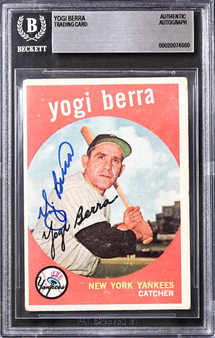 Yogi Berra Trading Signed Card: Beckett Authentication Services #00020074660. For shipping purposes measures 9 x 11 x .25 inches. The absence of a condition report does not imply that the lot is in perfect condition or completely fr
