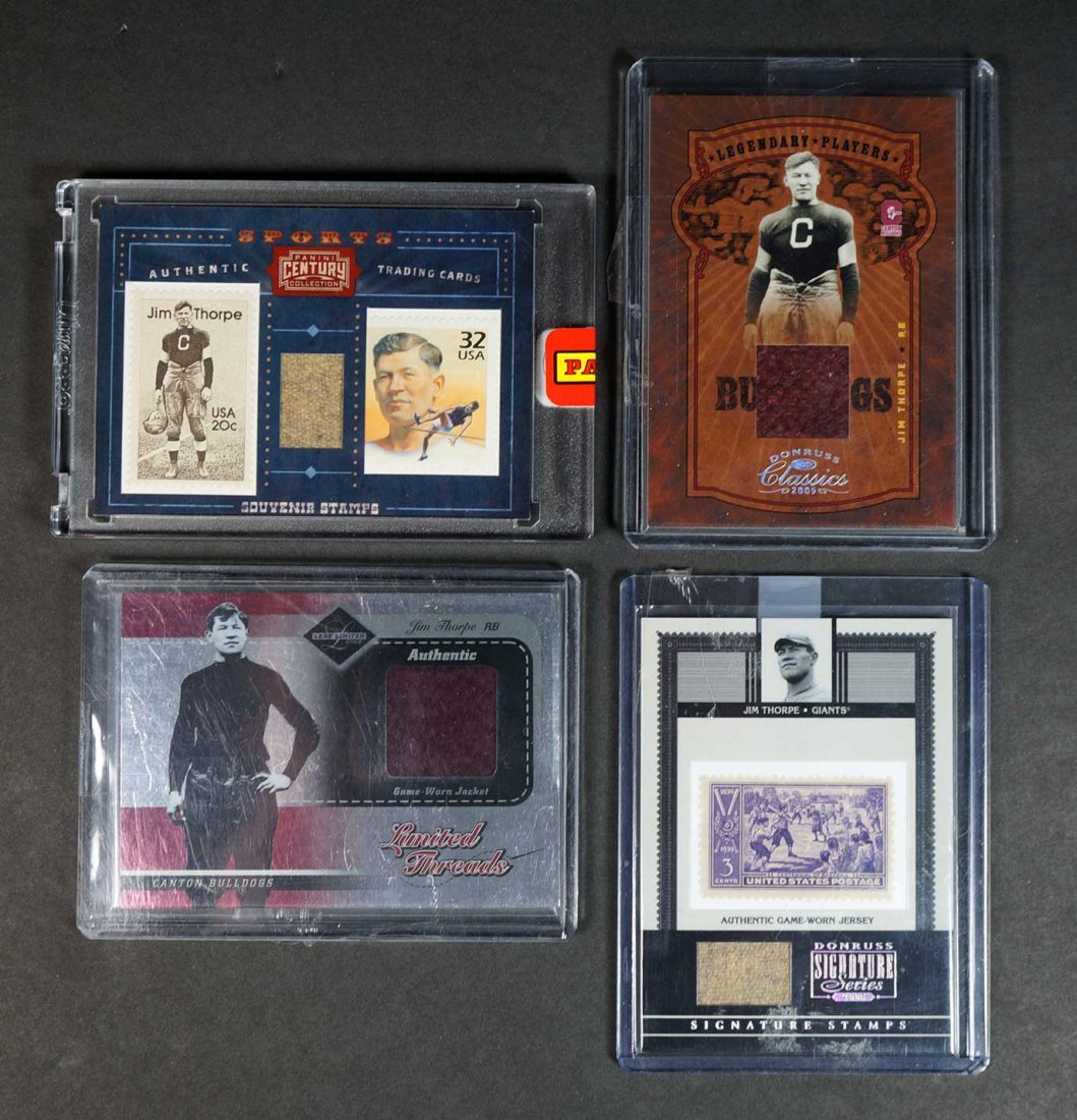 Jim Thorpe Game-Used Jersey Cards: Jim Thorpe game-used Fabric of the Game, Panini Century Collection, Donruss Classics, Donruss Signature Swatch Cards. #06/68, #17/50.