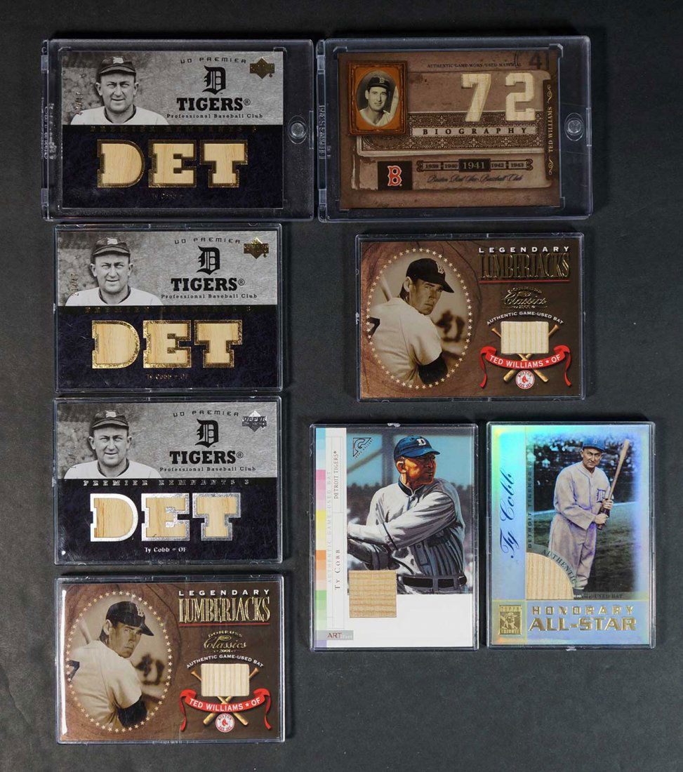 Ty Cobb, Ted Williams Game-Used BB Bat Cards (8) (1 of 2)