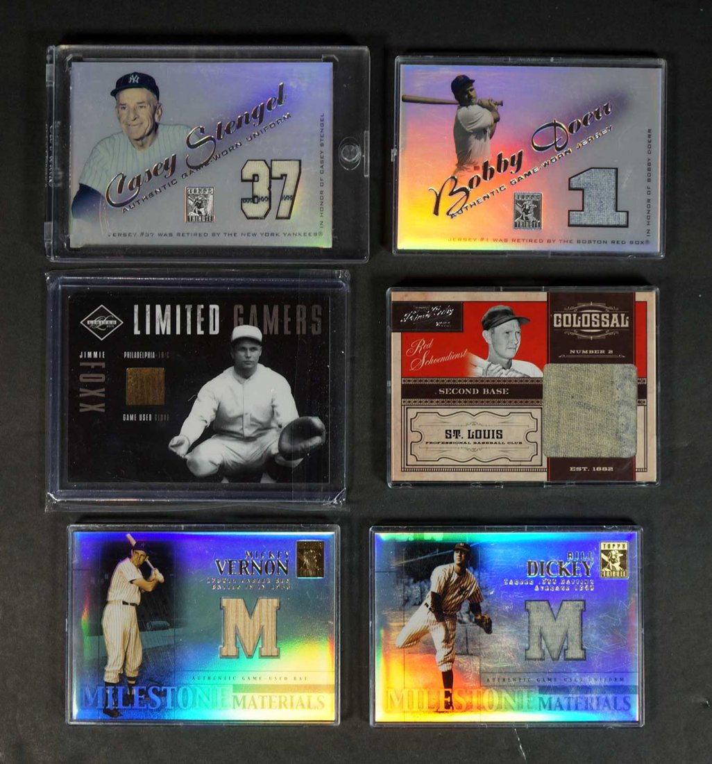 Twelve Game-Used Relic BB Cards Foxx, Stengel: Group of (12) game-used baseball cards including Nap Lajoie, Jimmie Foxx, Bill Dickey, Casey Stengel, Mickey Vernon, Brooks Robinson and more.