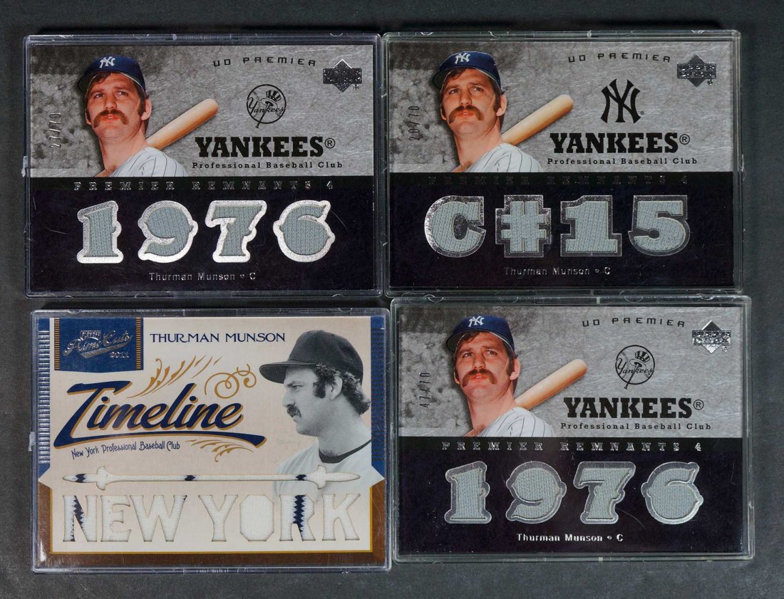 Thurman Munson Game-Used Relice BB Cards (8): Thurman Munson group of (8) game-used relics, baseball card, etc.s.