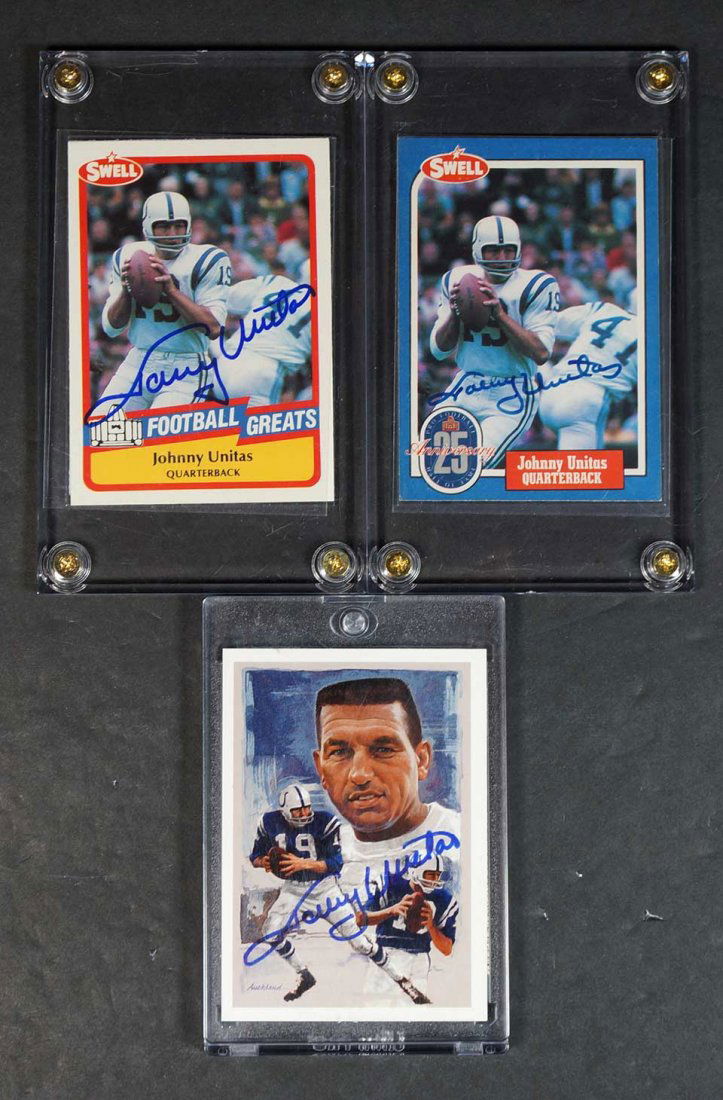 Johnny Unitas autographed football cards (3) (1 of 2)