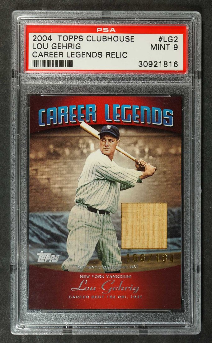 Lou Gehrig Game-Used Relice Baseball Card: 2004 Topps Clubhouse Lou Gehrig Career Legends Relic game used baseball card.