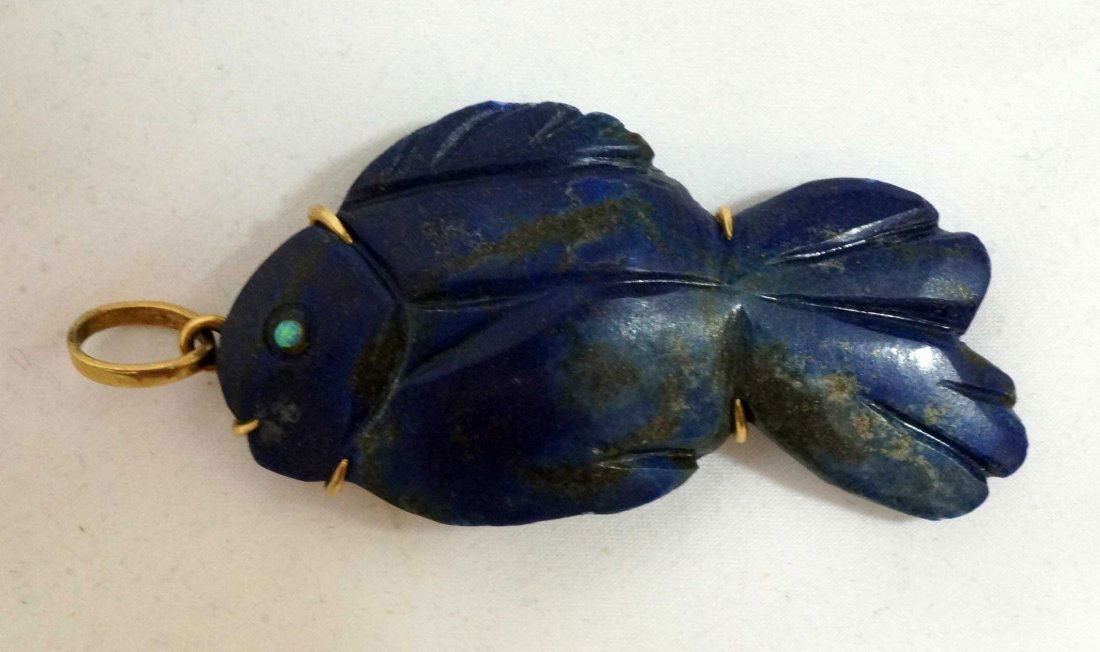 Carved Lapis Fish Pendant 14K Gold Wire Mount (1 of 2)