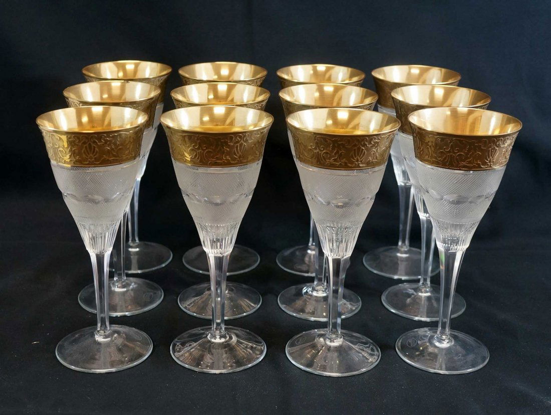 Moser Splendid Gold Pattern Wine Glasses (12): 8 3/4" tall, (11) are in perfect condition, only one has small chip on edge. From the collection of Alan and Pat Rypinski.