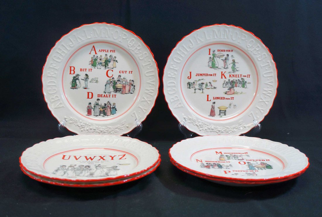 Kate Greenaway Set (6) Alphabet Plates: 9", all are in perfect condition. A set of six covering the alphabet in order.