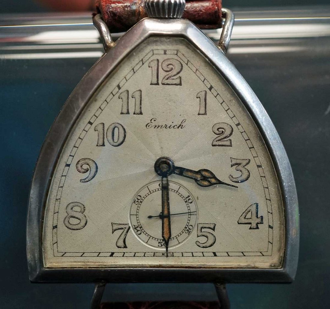 Emrich Vintage Wrist Watch Silver & Enamel: Vintage or antique wrist watch by Enmrich Co. An automatic, it runs for a spell once moved. 30mm x 40mm. There is a very small hallmark on edge that appears to be a silver hallmark. From the collectio