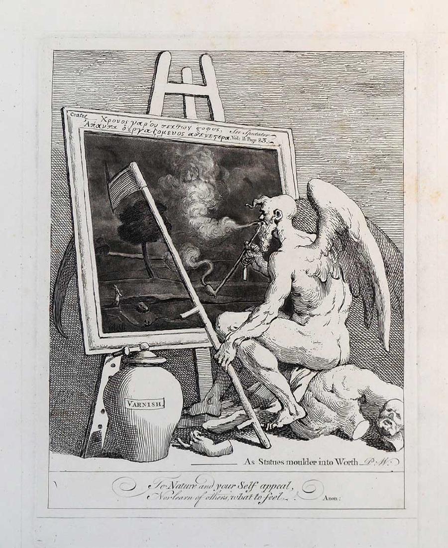 William Hogarth 18th Century Engraving: William Hogarth (1697-1764) engraving Time Smoking a Picture, As Statues Moulder into Worth. Image size 250 mm x 184 mm, sheet size 297 mm x 294 mm. Unframed, loose and not mounted or glued-down. Over