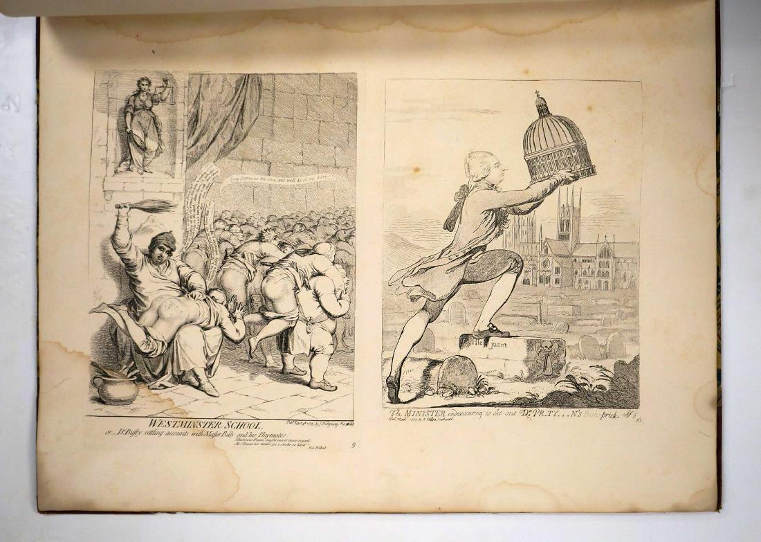 James Gillray (1757-1815) Bound Suppressed Plates: Large bound folio containing 89 plates on 45 sheets. All but one page has two plates per sheet. Sheets measures 25" x 19". Some stains, most prevalent lower right. Auction Gallery Notes: Condition: If