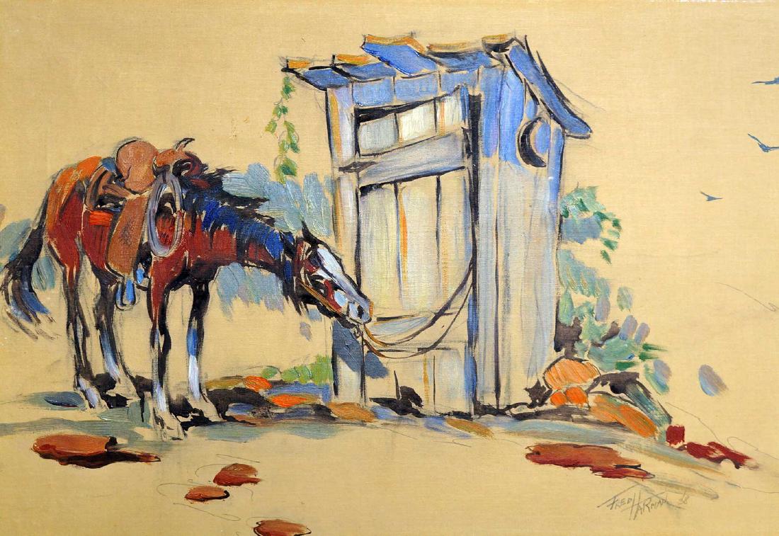 Fred Harman (1902-1982) Original Study of Horse: An original oil painting on canvas mounted to board. Study of horse, 12" x 17.5". Signed lower right and dated 1938. Very good to excellent condition. Fred Harman was an American artist, best known fo