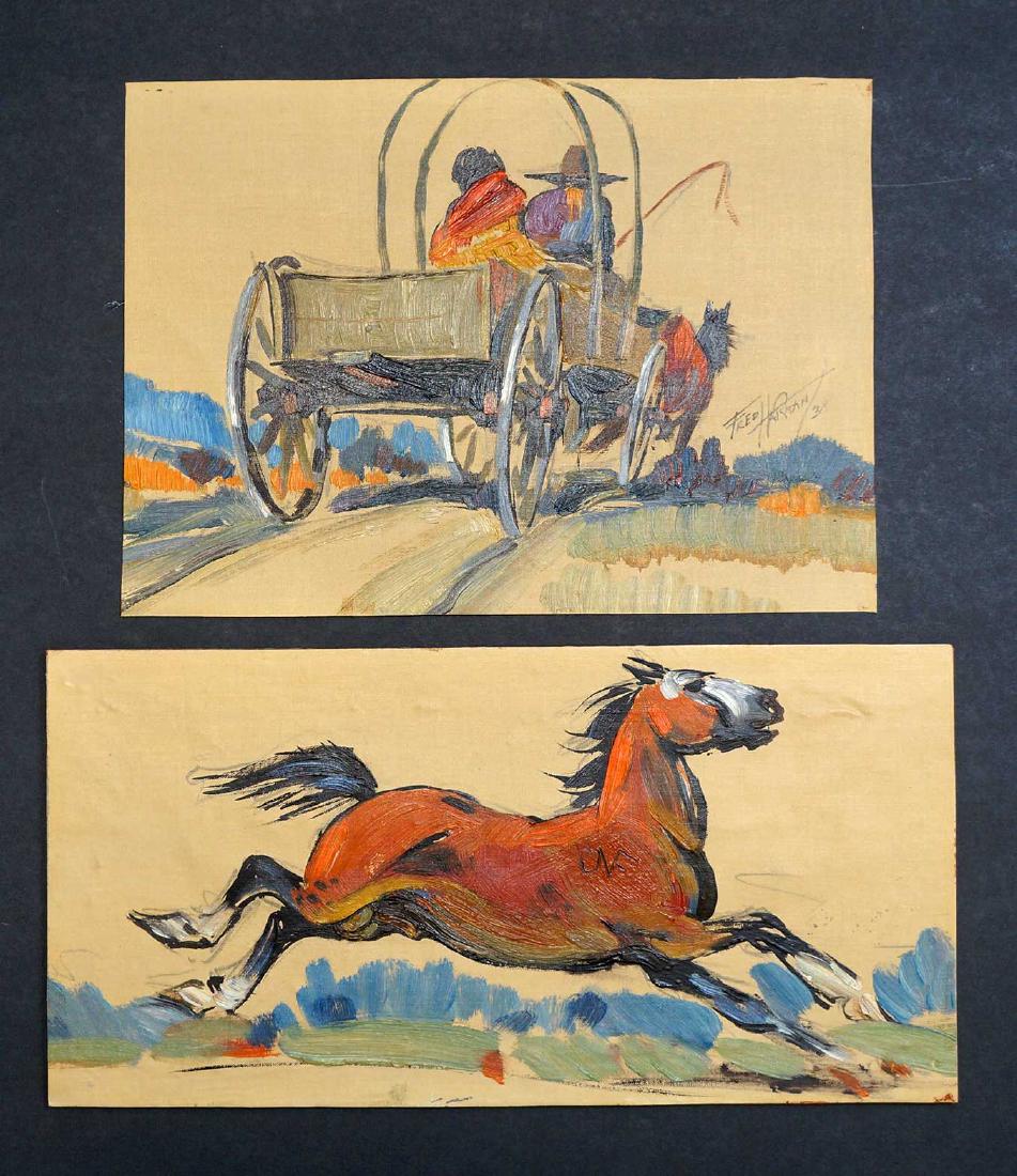 Fred Harman (1902-1982) Pair Small Paintings: Two small signed studies, stagecoach and horse. Measure 7" x 10" and 6" x 12". Original oil paintings on canvas. Stagecoach is loose, horse is mounted to board. Fred Harman was an American artist, bes
