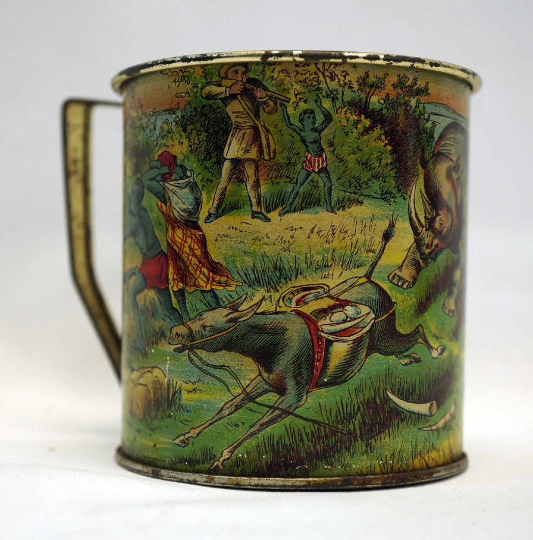 African Hunting Scene Tin Litho Handled Mug: Antique African Natives disturbed by hunter, tin litho handled mug. 3-1/4" x 4". Auction Gallery Notes: Condition: If the auctioneer does not provide a statement of condition in the items description 