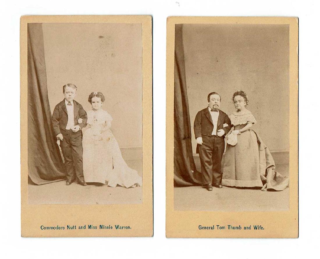 Pair CDV's Nutt/Warren, Tom Thumb & Wife: Two antique CDV photos, Commodore Nutt and Miss Minnie Warren and General Tom Thumb and Wife. Vg-Ex/Ex. Auction Gallery Notes: Condition: If the auctioneer does not provide a statement of condition in