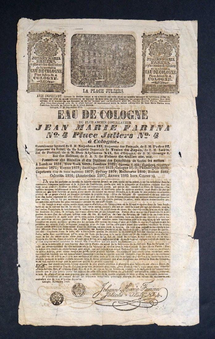 Johann Maria Farina Eau De Cologne Broadside: Johann Maria Farina Eau De Cologne Broadside. 16" x 9-1/2'". Auction Gallery Notes: Condition: If the auctioneer does not provide a statement of condition in the items description it does not imply th